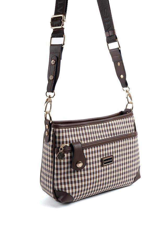 Silver & Polo SP1160 Kadın Çapraz Çanta Ekose Line Kare Kahve Sarı-Kahve