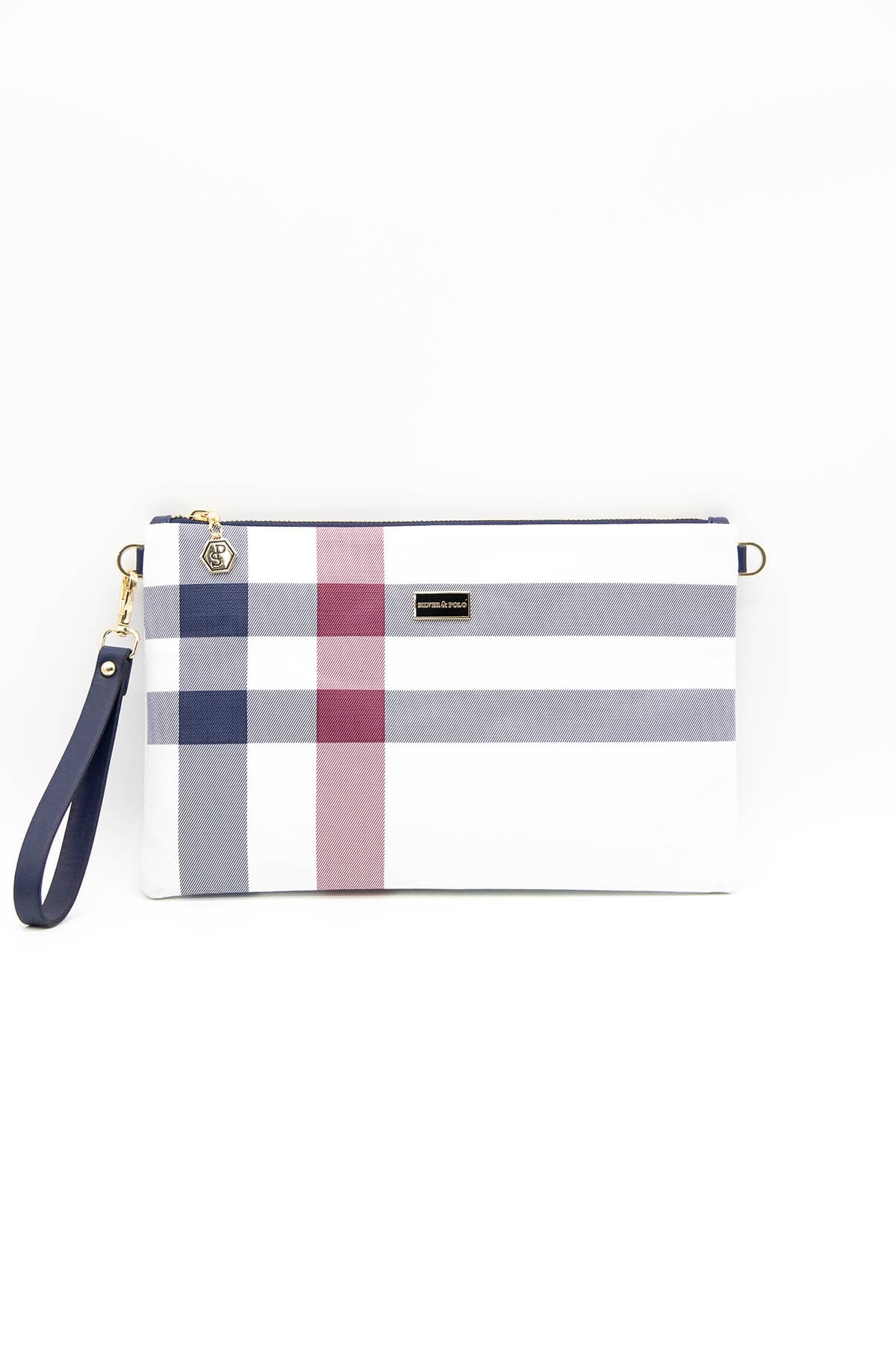 Silver Polo Beyaz - Lacivert Ekose Kadın Portföy ve Clutch El Çantası SP1034