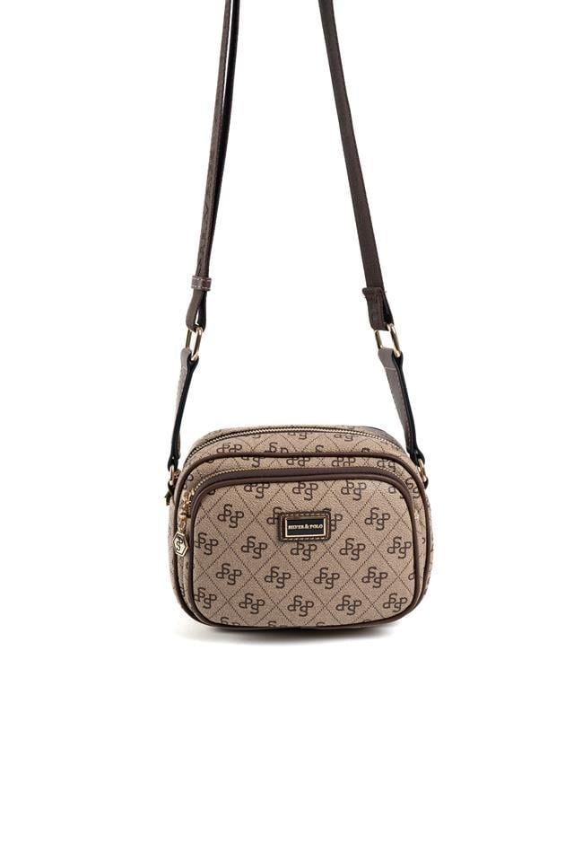 Silver & Polo SP1111 Kadın Çapraz Çanta Monogram Koyubej-Kahve