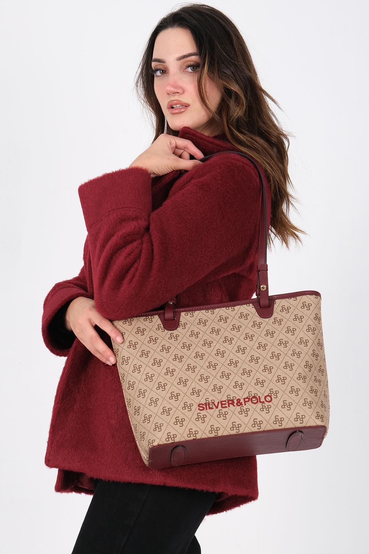Silver Polo SP1204 Kadın Omuz Çantası Monogram Koyu Bej-Bordo
