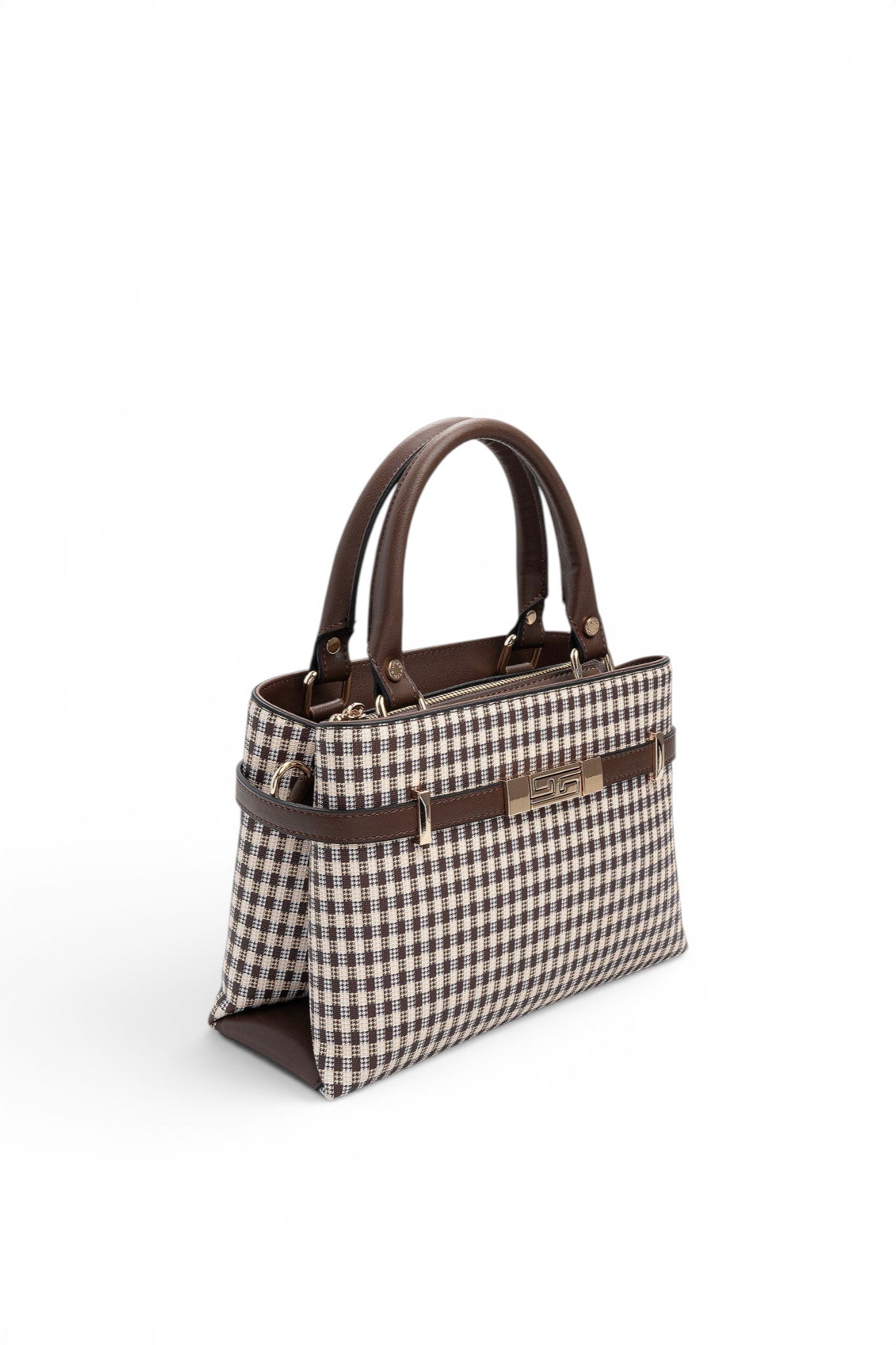 Silver Polo Kahve Sarı - Kahve Ekose Line Kare Kadın El Çantası SP1149