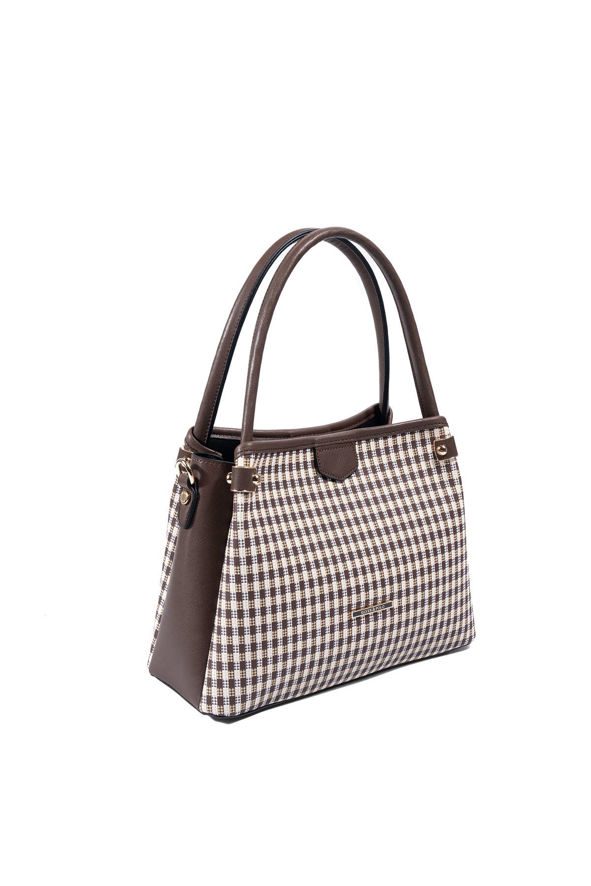 Silver Polo Kahve Sarı - Kahve Ekose Line Kare Kadın El Çantası SP1254