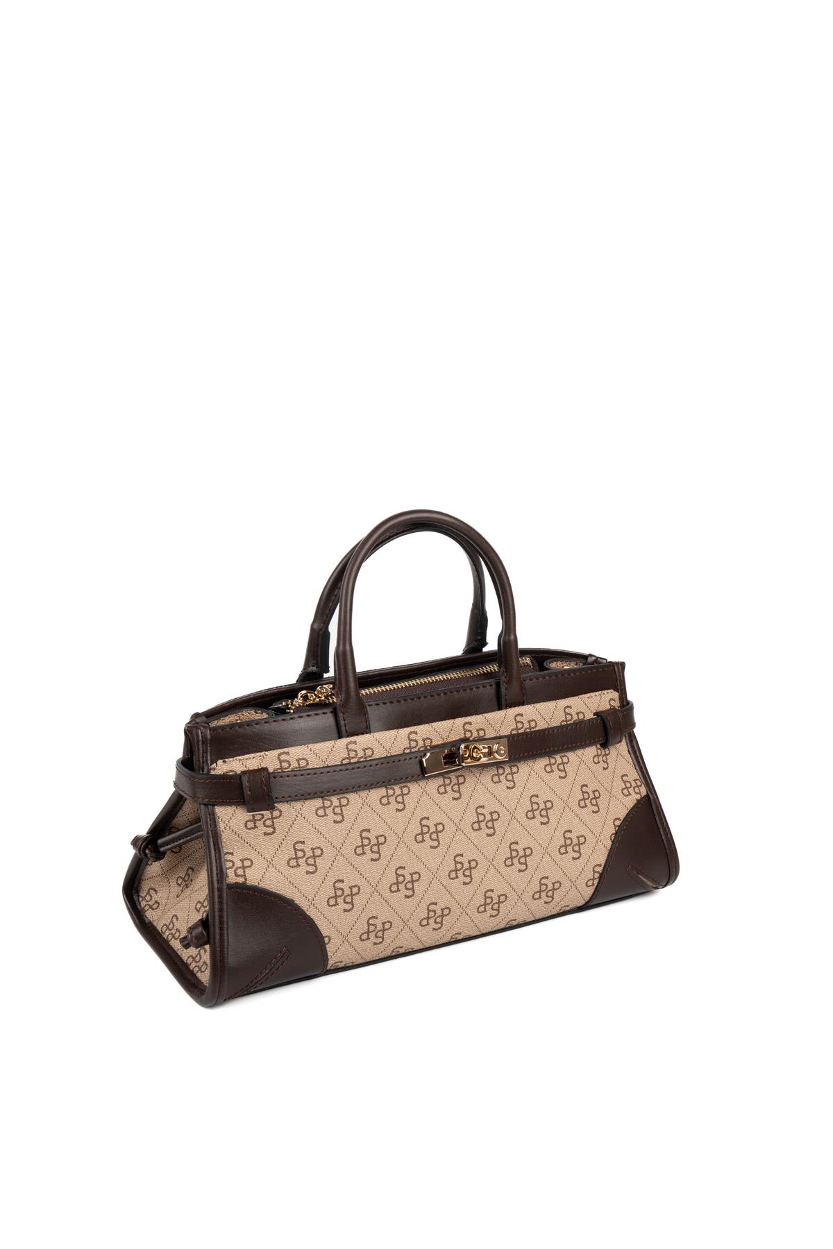 Silver Polo Koyu Bej - Kahve Monogram Kadın El Çantası SP1260