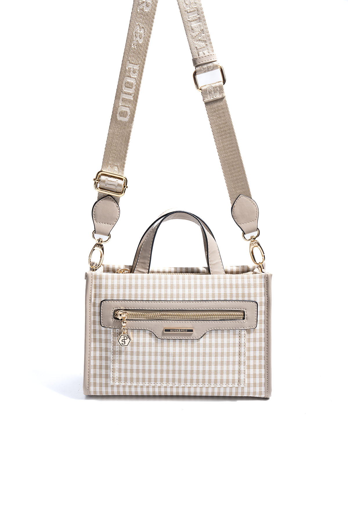 Silver & Polo SP1271 Kadın El Çantası Ekose Line Kare Kum Beji-Kum