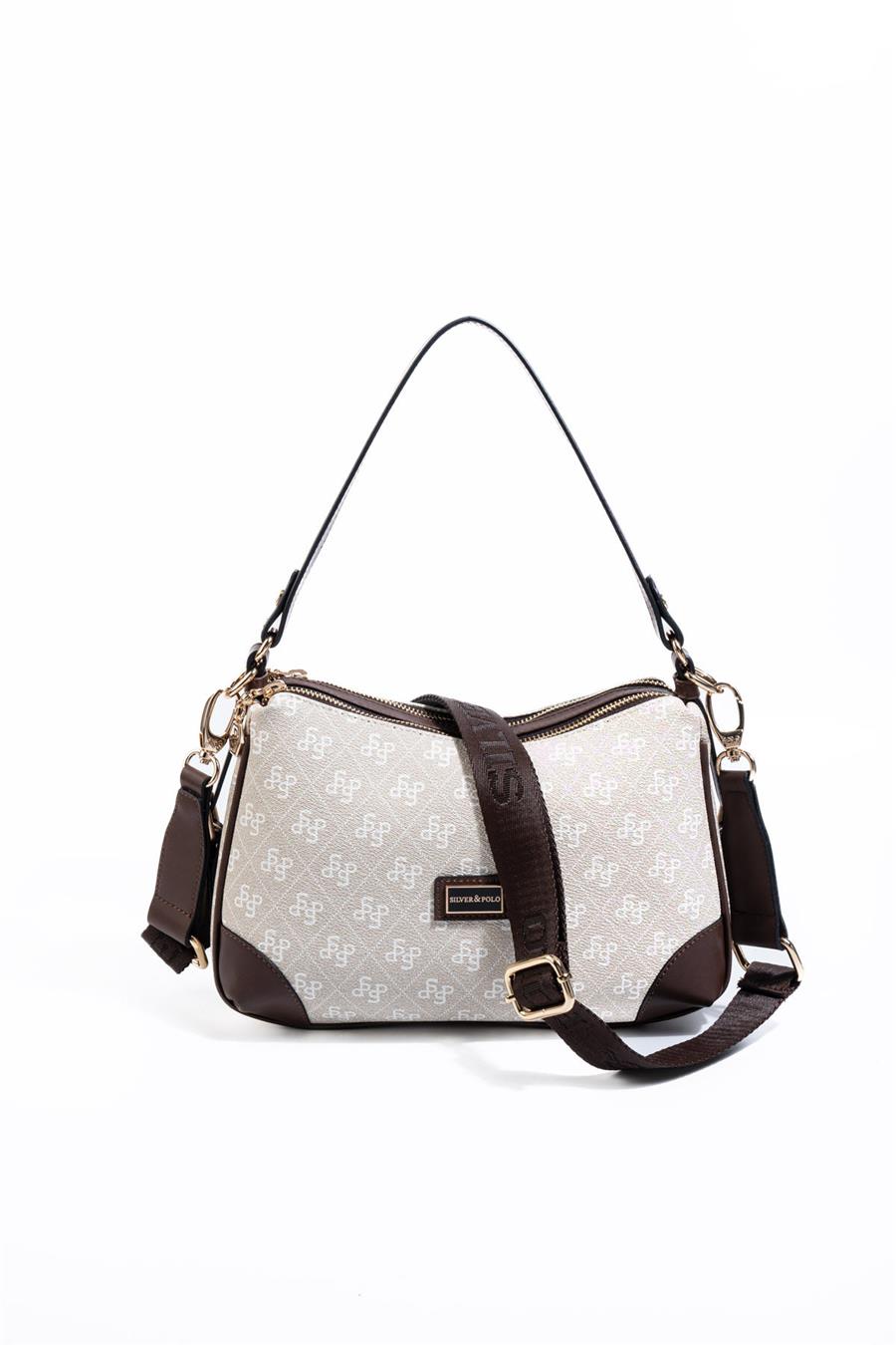 Silver Polo Taş - Kahve Monogram Kadın Omuz Çantası SP1269
