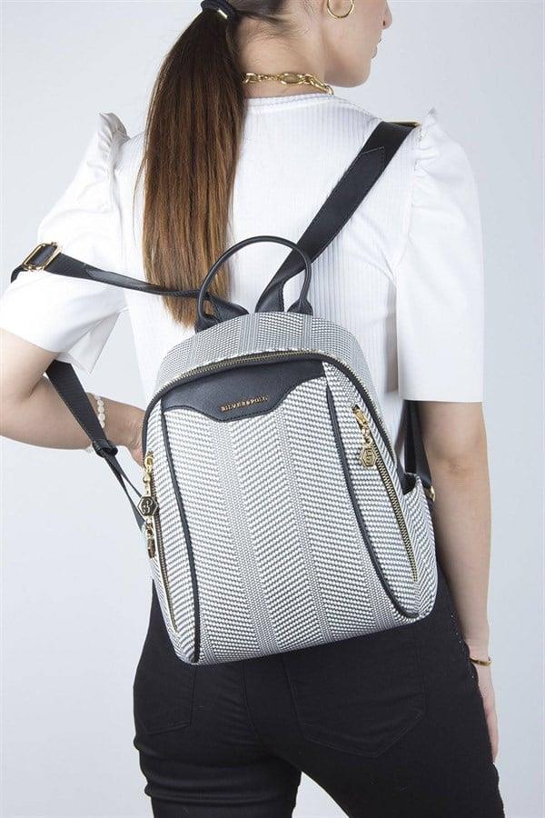 Silver & Polo SP906 Kadın Sırt Çantası Hasır Siyah Beyaz-Siyah
