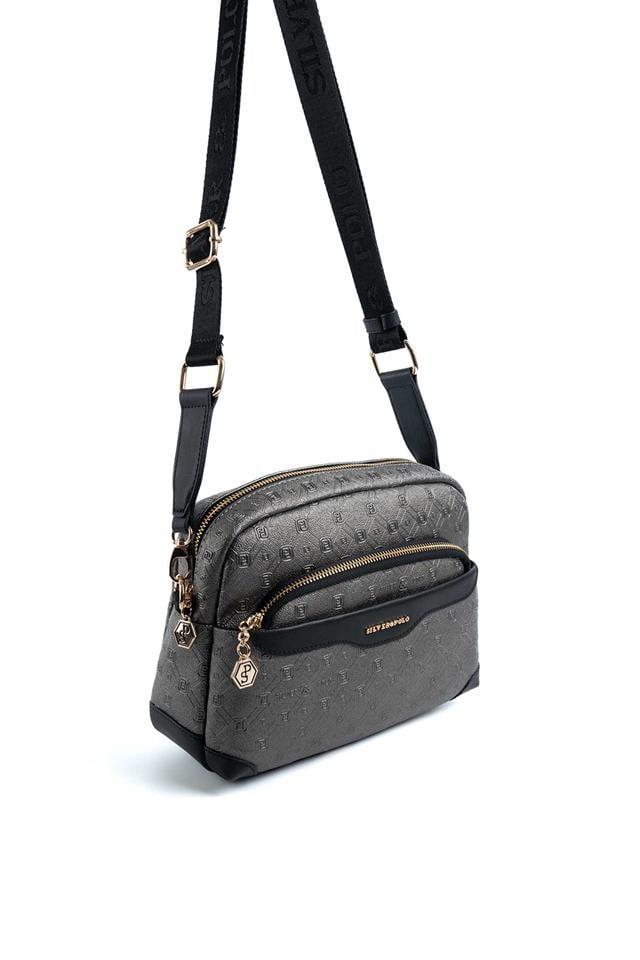 Silver & Polo SP1201 Kadın Çapraz Çanta Logolu Platin-Siyah