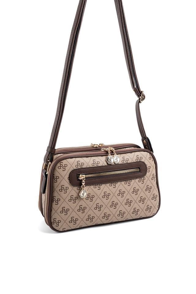 Silver & Polo SP899 Kadın Çapraz Çanta Monogram Koyubej-Kahve