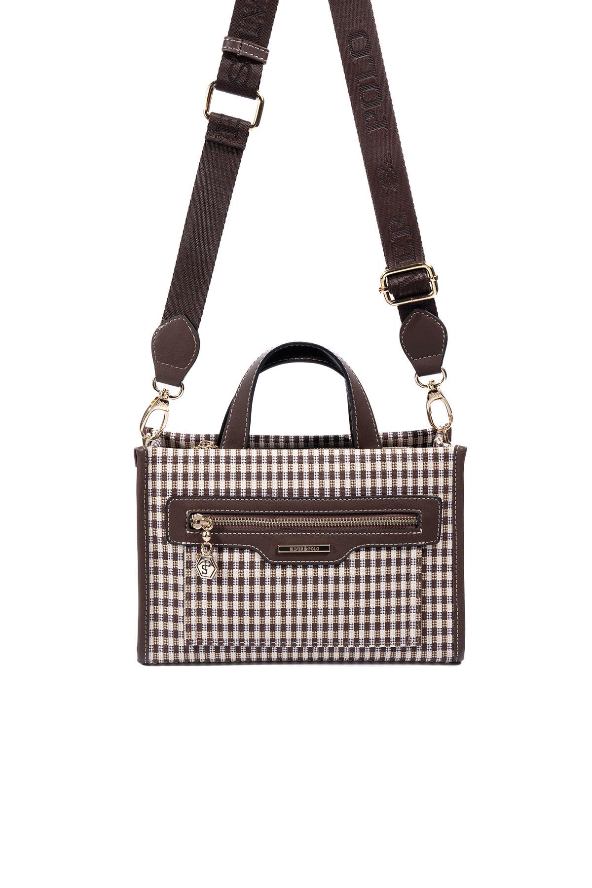 Silver & Polo SP1271 Kadın El Çantası Ekose Line Kare Kahve Sarı-Kahve