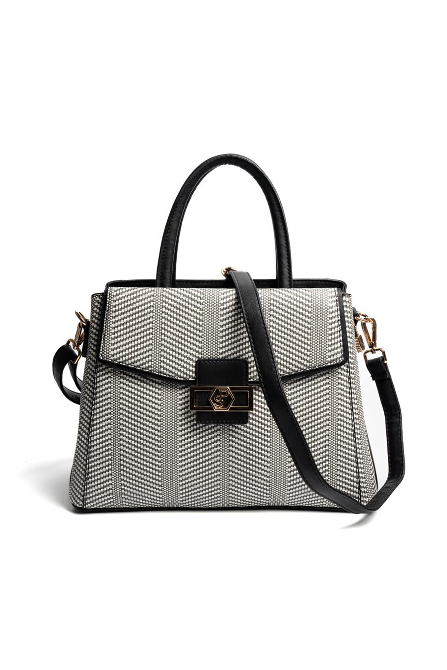 Silver & Polo SP1264 Kadın El Çantası Hasır Siyah Beyaz-Siyah