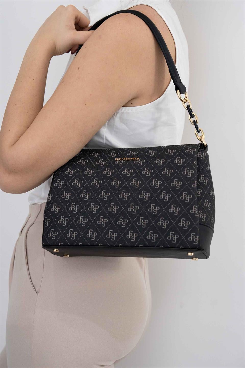 Silver & Polo SP910 Kadın Çapraz Çanta Monogram Füme-Siyah