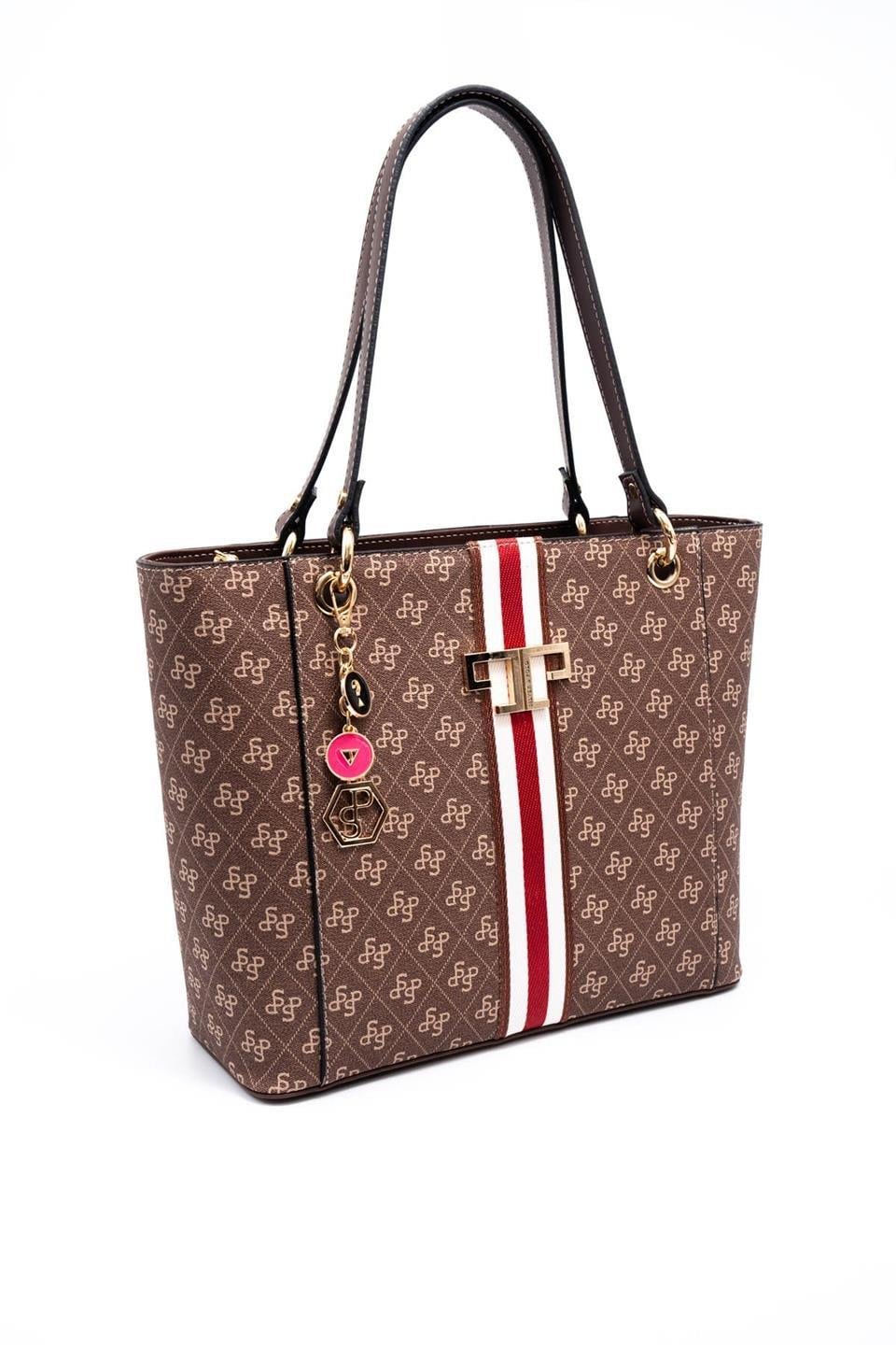 Silver & Polo SP1176 Kadın Omuz Çantası Şeritli Monogram Kahve