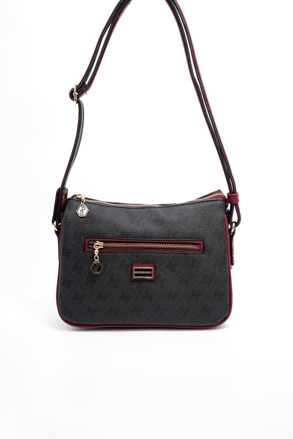 Silver Polo SP818 Kadın Çapraz Çanta Monogram Antrasit-Bordo