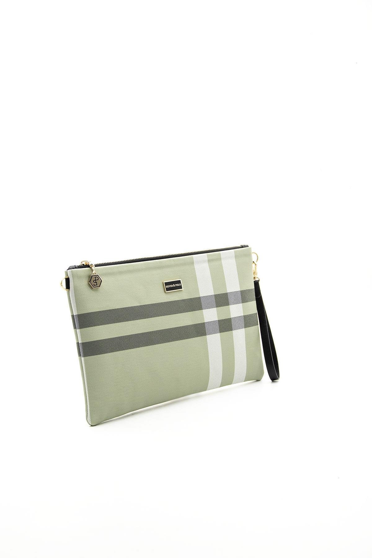 Silver Polo A.Yeşil - Kemik Ekose Kadın Portföy ve Clutch El Çantası SP1034