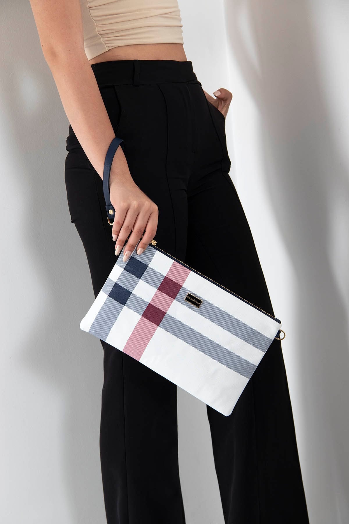 Silver Polo Beyaz - Lacivert Ekose Kadın Portföy ve Clutch El Çantası SP1034