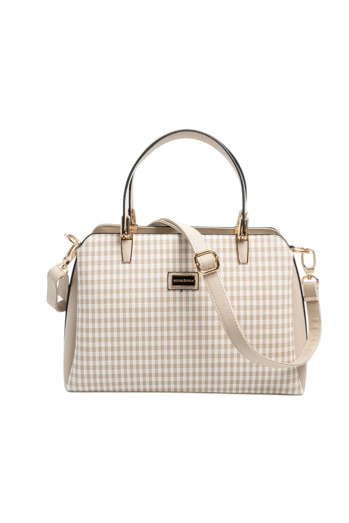 Silver & Polo SP9721 Kadın El Çantası Ekose Line Kare Kum Beji-Kum Beji