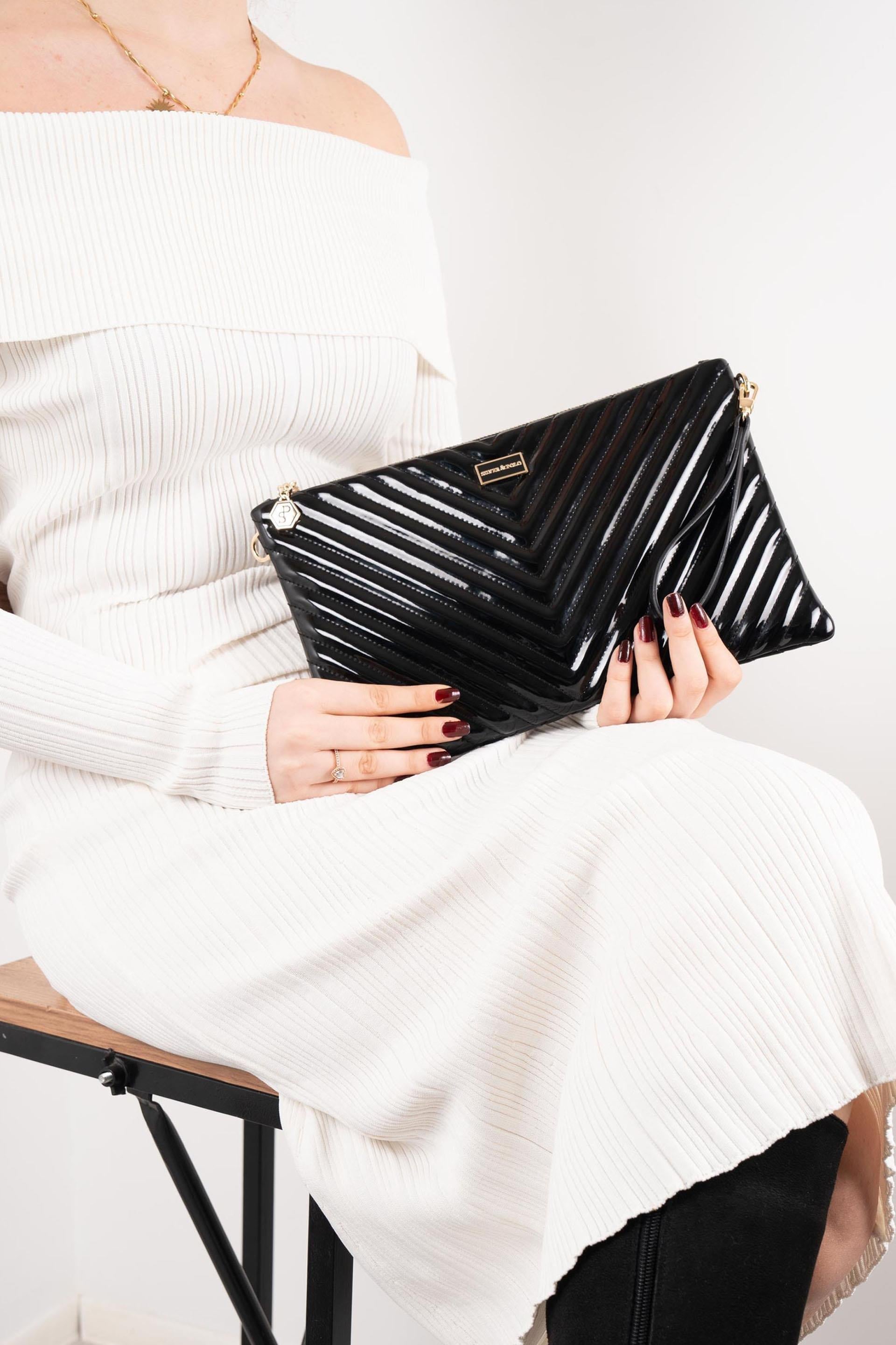 Silver Polo SP1034 Kadın Portföy & Clutch Kapitone V Rugan Siyah-Rugan Siyah