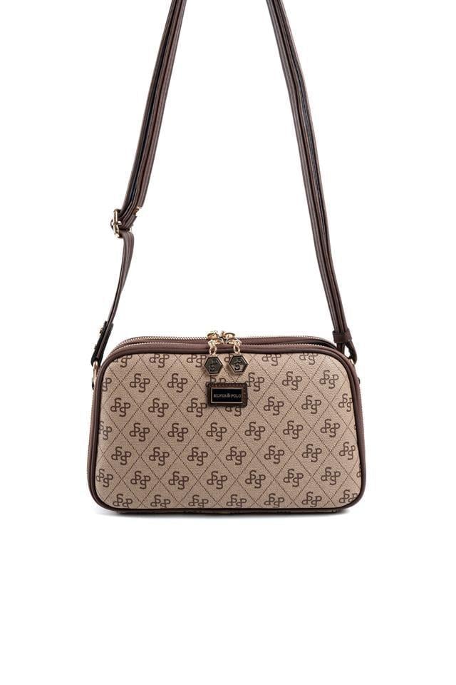 Silver & Polo SP899 Kadın Çapraz Çanta Monogram Koyubej-Kahve