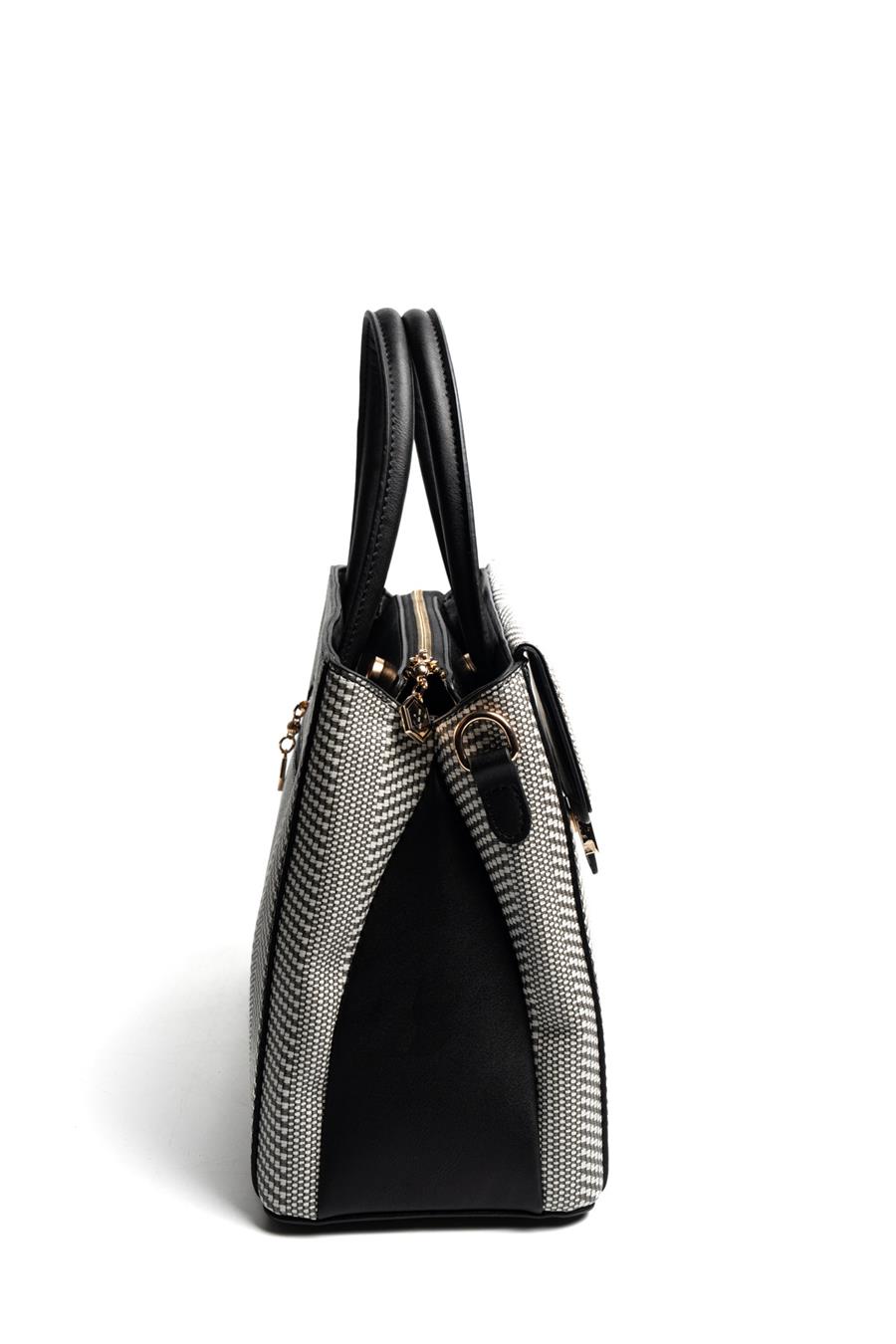 Silver & Polo SP1264 Kadın El Çantası Hasır Siyah Beyaz-Siyah