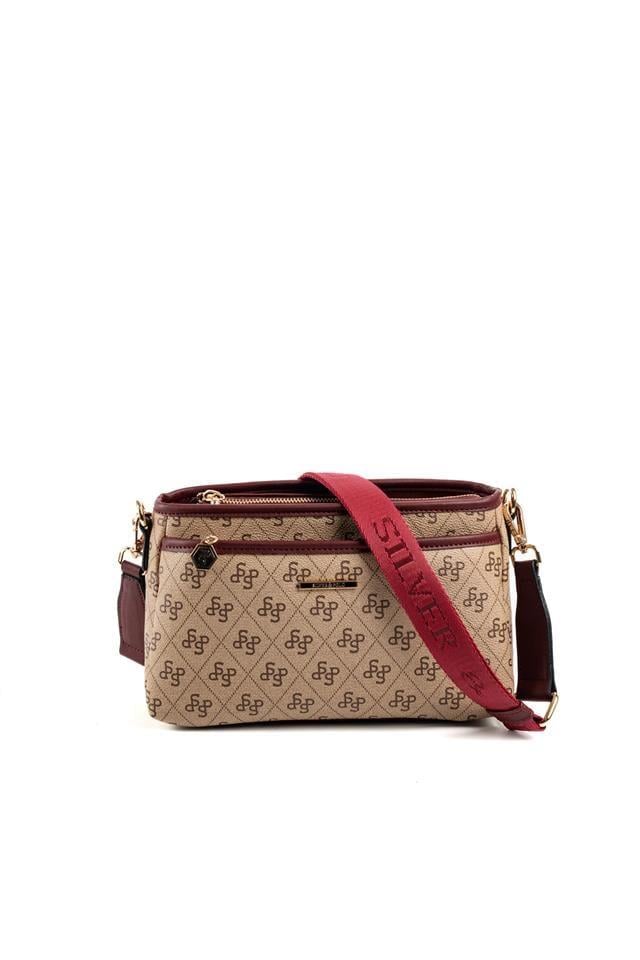 Silver & Polo SP1184 Kadın Çapraz Çanta Monogram Koyu Bej-Bordo