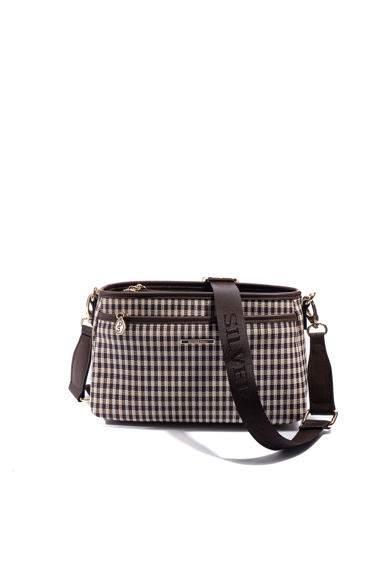 Silver & Polo SP1184 Kadın Çapraz Çanta Ekose Line Kare Kahve Sarı-Kahve