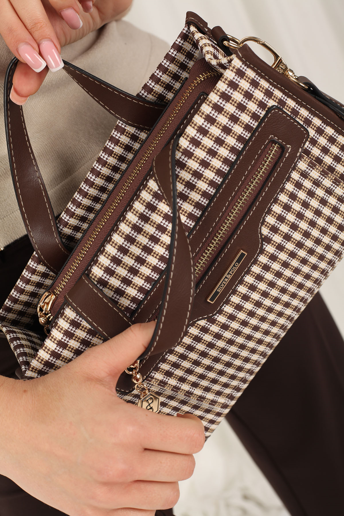 Silver & Polo SP1271 Kadın El Çantası Ekose Line Kare Kahve Sarı-Kahve