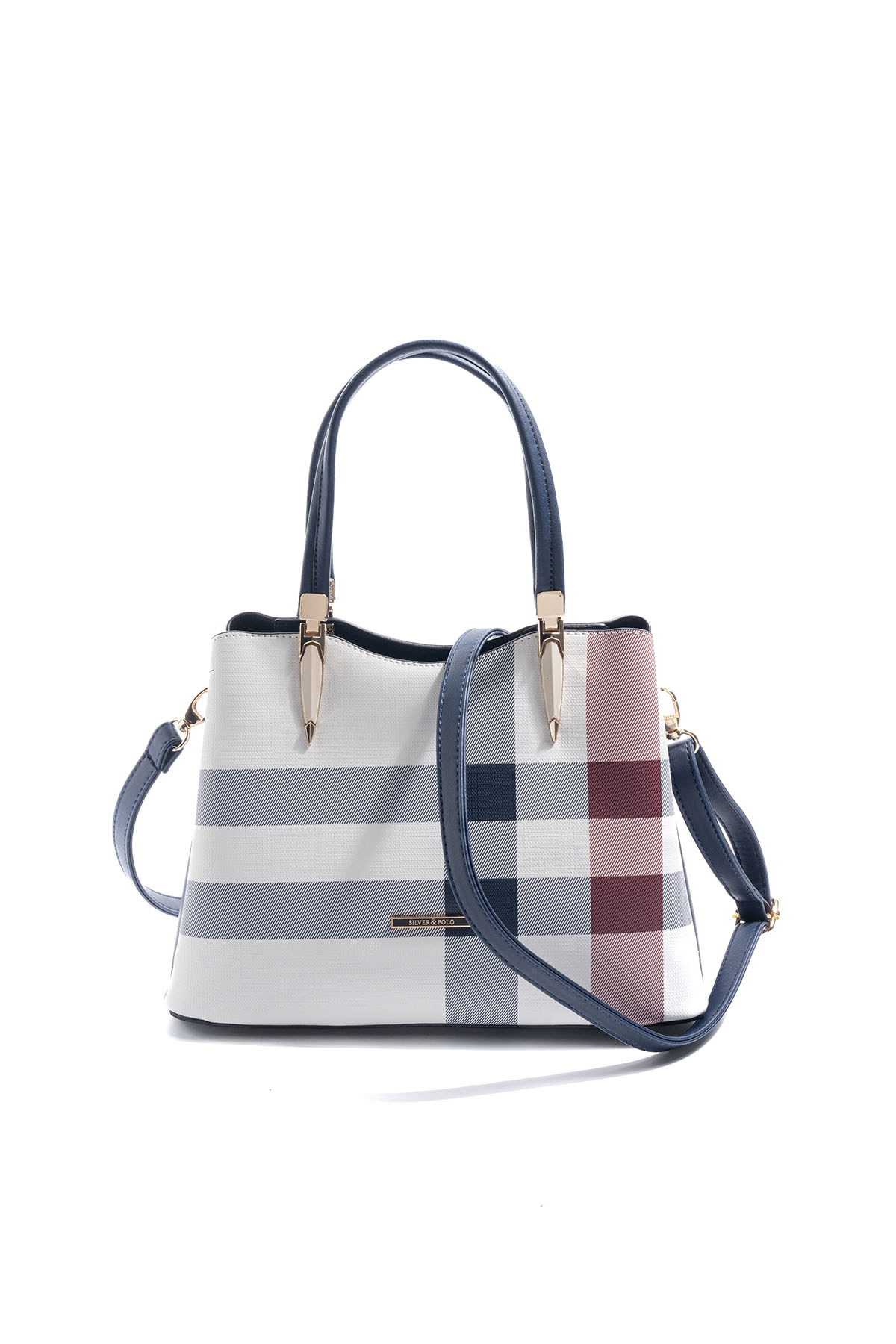 Silver & Polo SP1205 Kadın El Çantası Ekose Beyaz-Lacivert