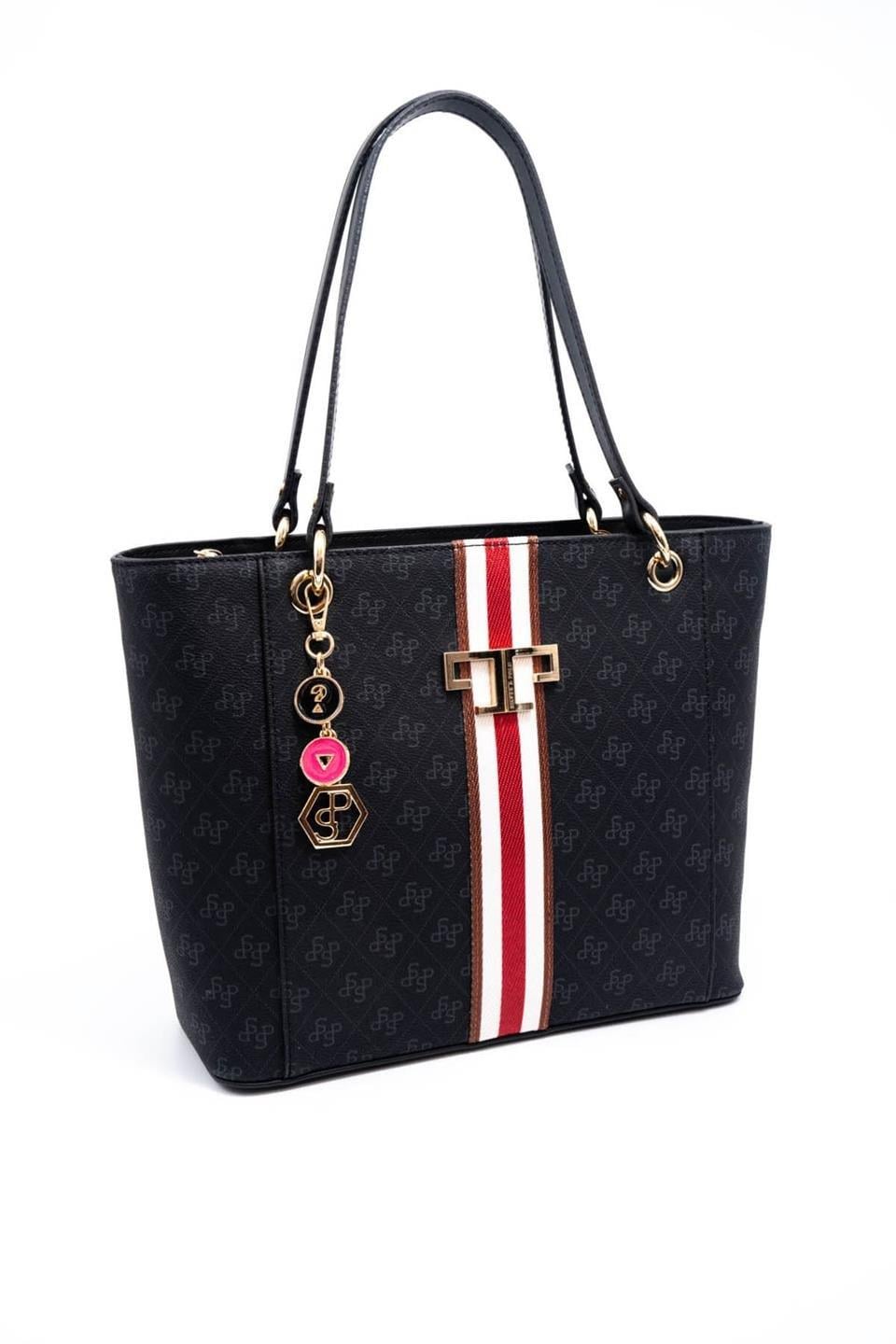 Silver & Polo SP1176 Kadın Omuz Çantası Şeritli Monogram Siyah