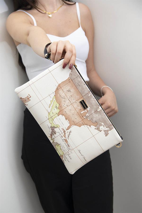 Silver Polo Bej - A.Taba Harita Kadın Portföy ve Clutch El Çantası SP1034