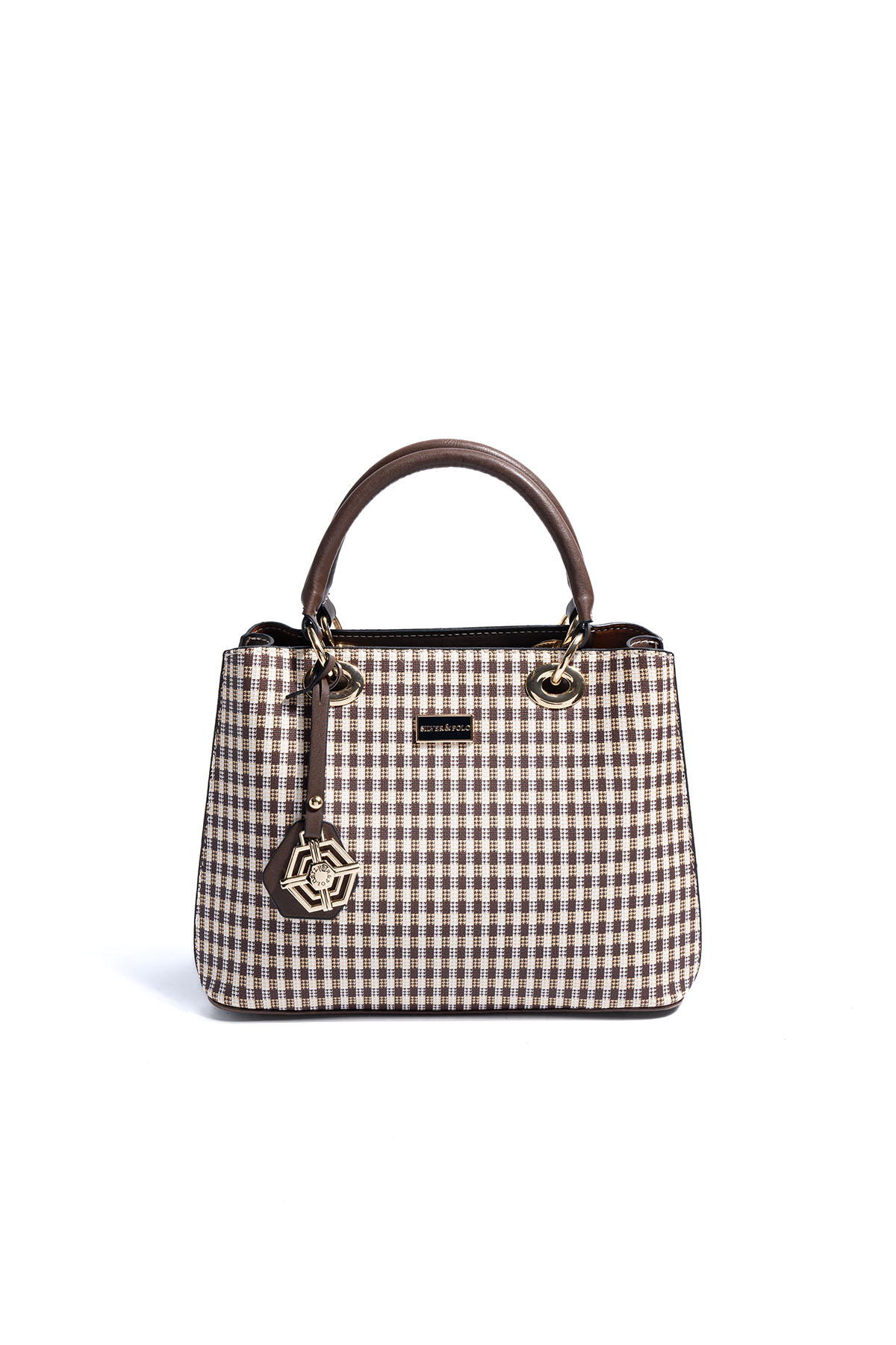 Silver & Polo SP1272 Kadın El Çantası Ekose Line Kare Kahve Sarı-Kahve