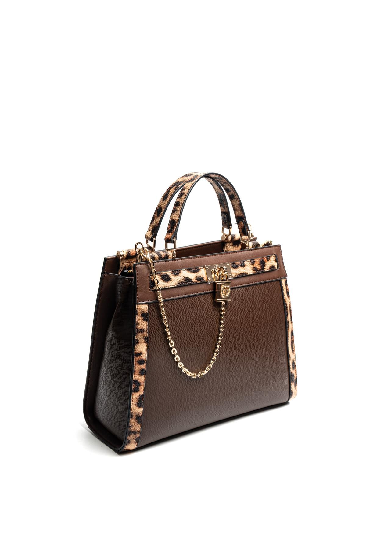 Silver Polo Kahve - Leopar Taba Düz Kadın El Çantası SP1166
