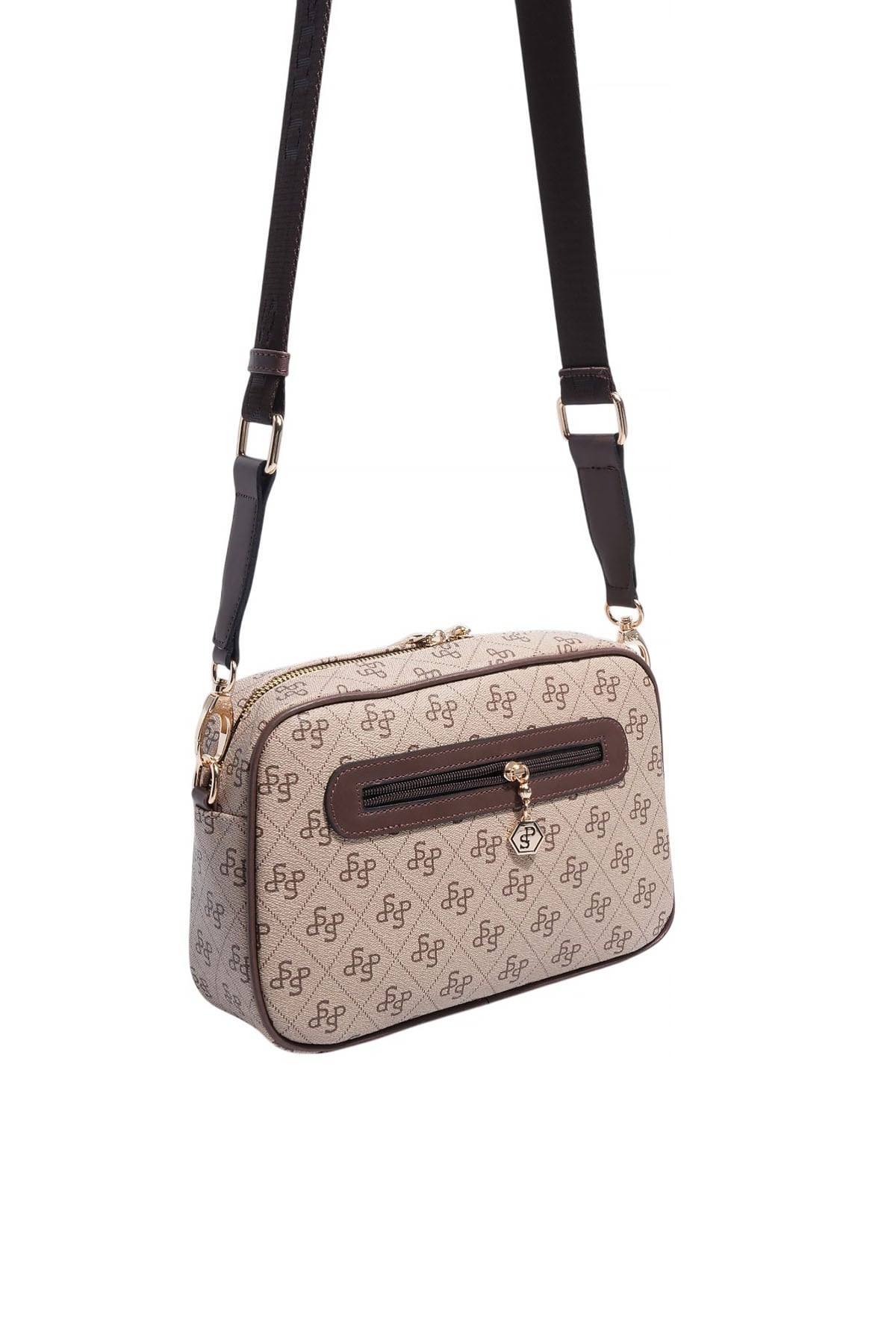 Silver Polo Koyu Bej - Kahve Monogram Kadın Çapraz Çanta SP1280