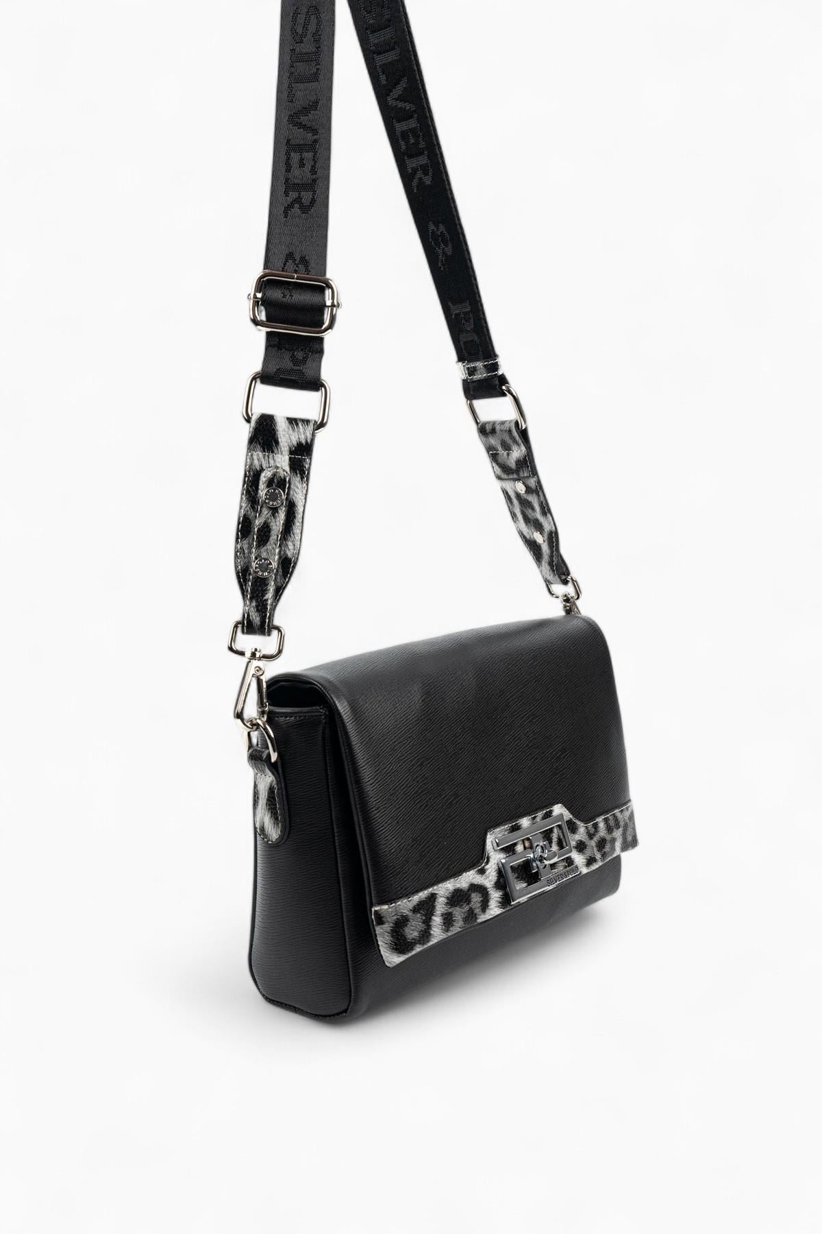 Silver & Polo SP1257 Kadın Çapraz Çanta Düz Siyah-Leopar Gri