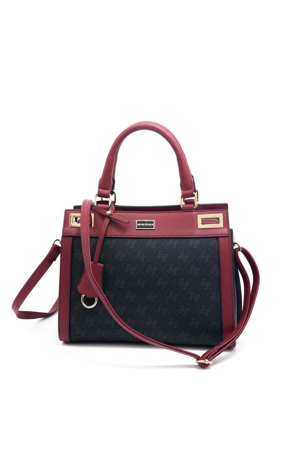 Silver Polo SP1174 Kadın El Çantası Monogram Siyah-Bordo