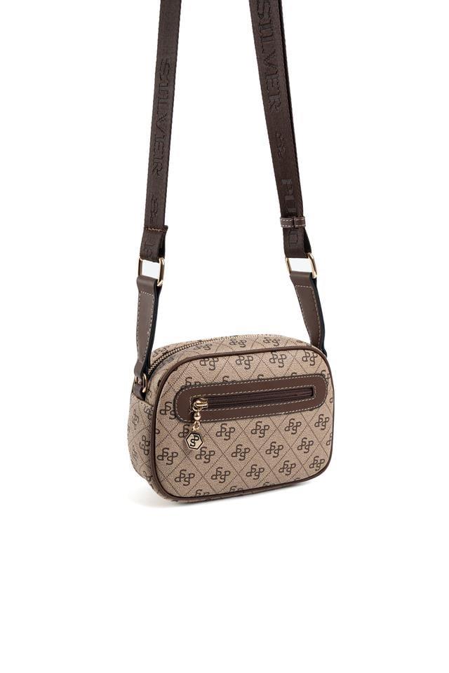 Silver & Polo SP1111 Kadın Çapraz Çanta Monogram Koyubej-Kahve