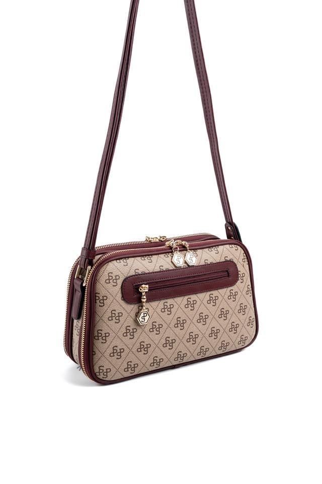 Silver Polo SP899 Kadın Çapraz Çanta Monogram Koyu Bej-Bordo