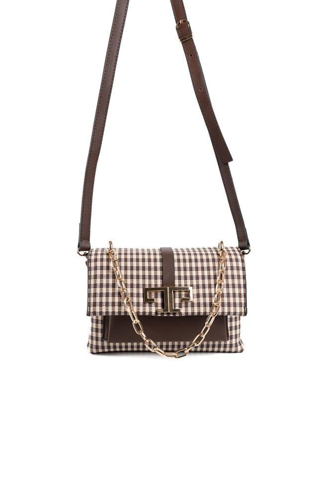 Silver Polo Kahve Sarı - Kahve Ekose Line Kare Kadın Çapraz Çanta SP1148