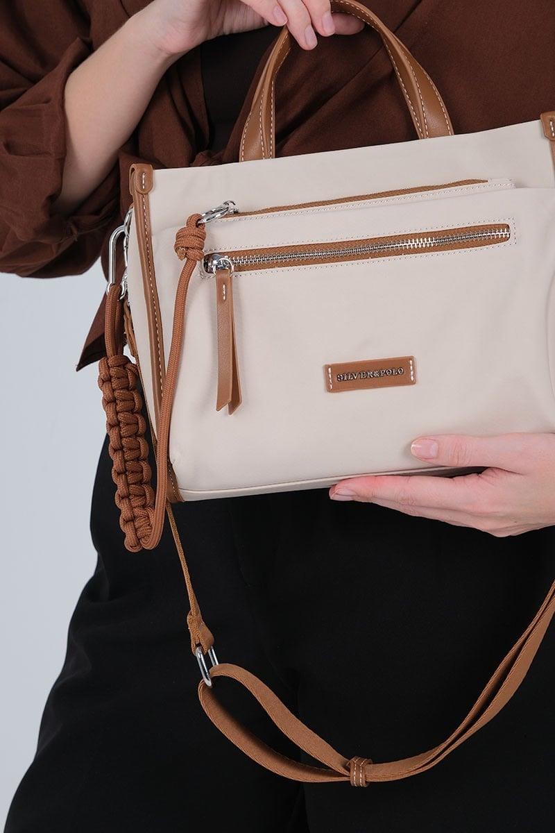 Silver Polo Bej - Taba Saten Kadın El Çantası SP1228