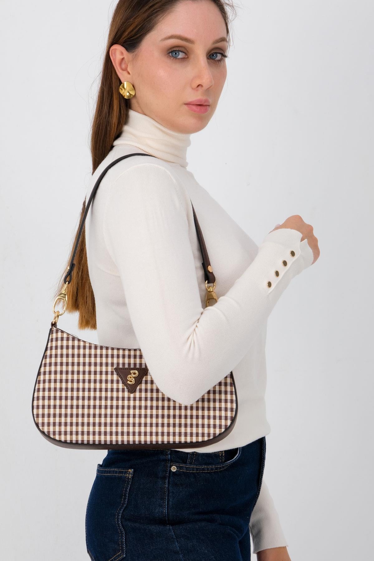 Silver Polo SP1251 Kadın Omuz Çantası Ekose Line Kare Kahve Sarı-Kahve
