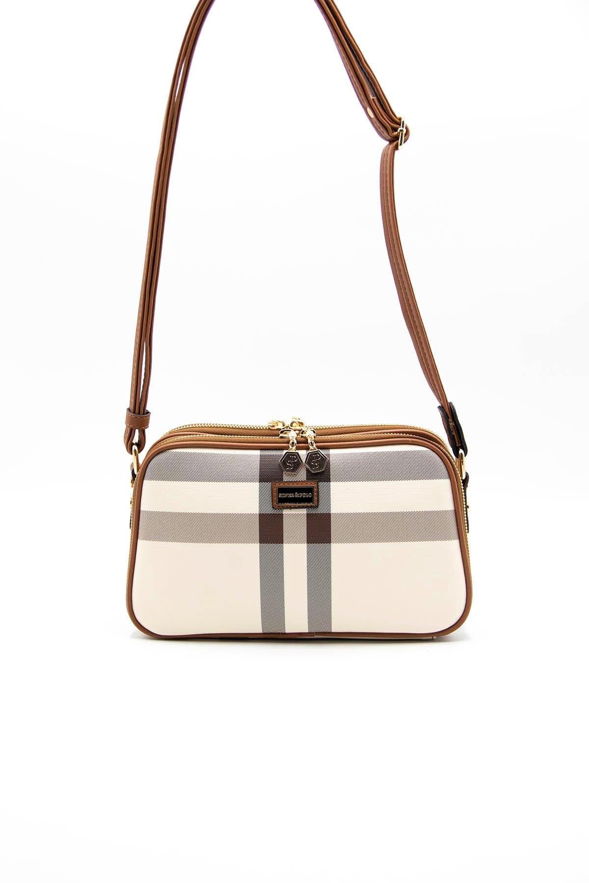Silver & Polo SP899 Kadın Çapraz Çanta Ekose Krem-Taba