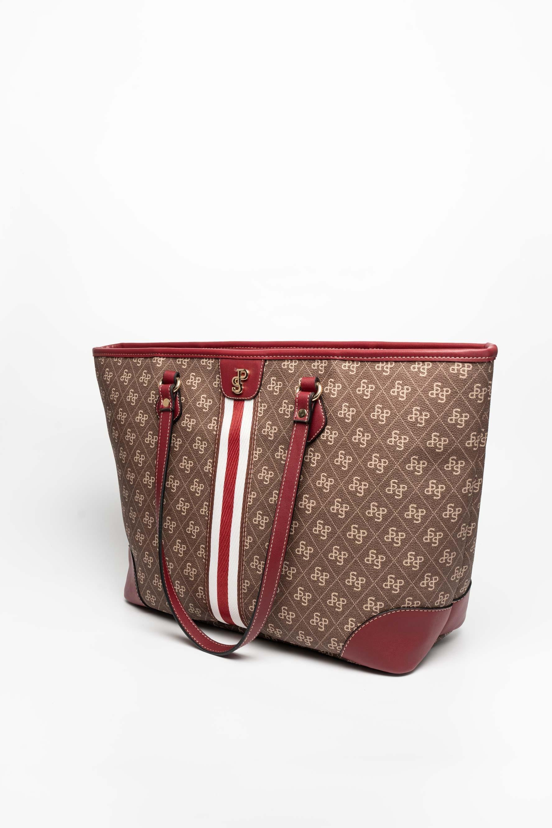 Silver Polo SP1169 Kadın Omuz Çantası Şeritli Monogram Kahve-Bordo
