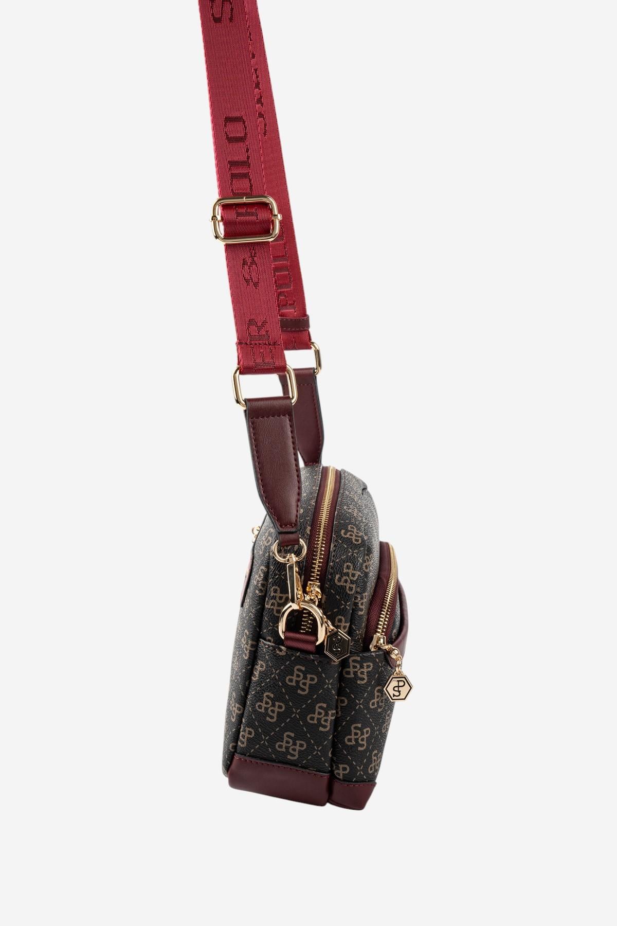 Silver Polo Kahve Sarı - Bordo Monogram Kadın Çapraz Çanta SP1201