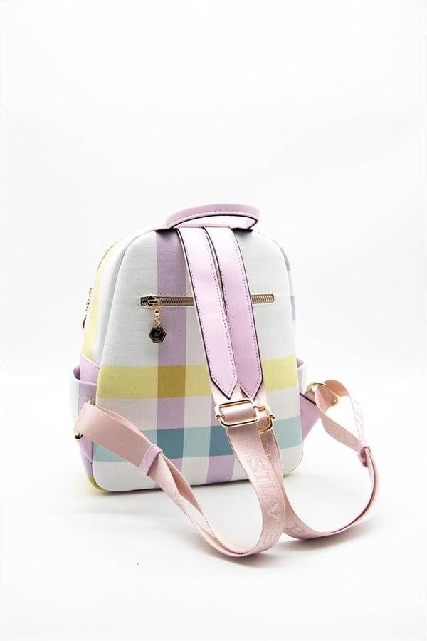 Silver Polo Lila - Pembe Ekose Kadın Sırt Çantası SP906