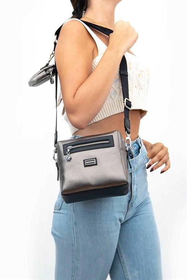 Silver & Polo SP1038 Kadın Çapraz Çanta Düz Platin-Siyah