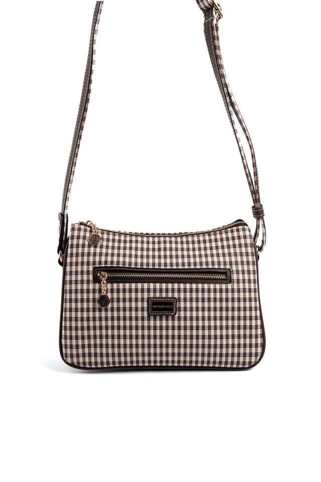 Silver Polo Kahve Sarı - Kahve Ekose Line Kare Kadın Çapraz Çanta SP818