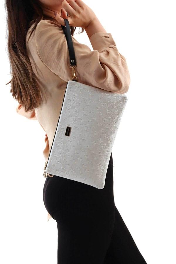 Silver & Polo SP1034 Kadın Portföy & Clutch Logolu Sedef-Siyah