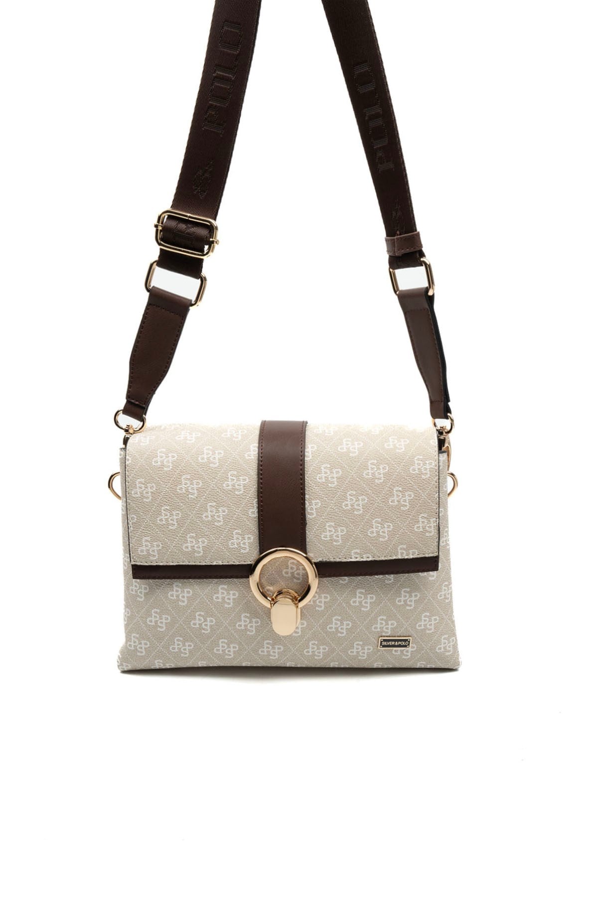 Silver Polo SP1275 Kadın Çapraz Çanta Monogram Taş-Kahve
