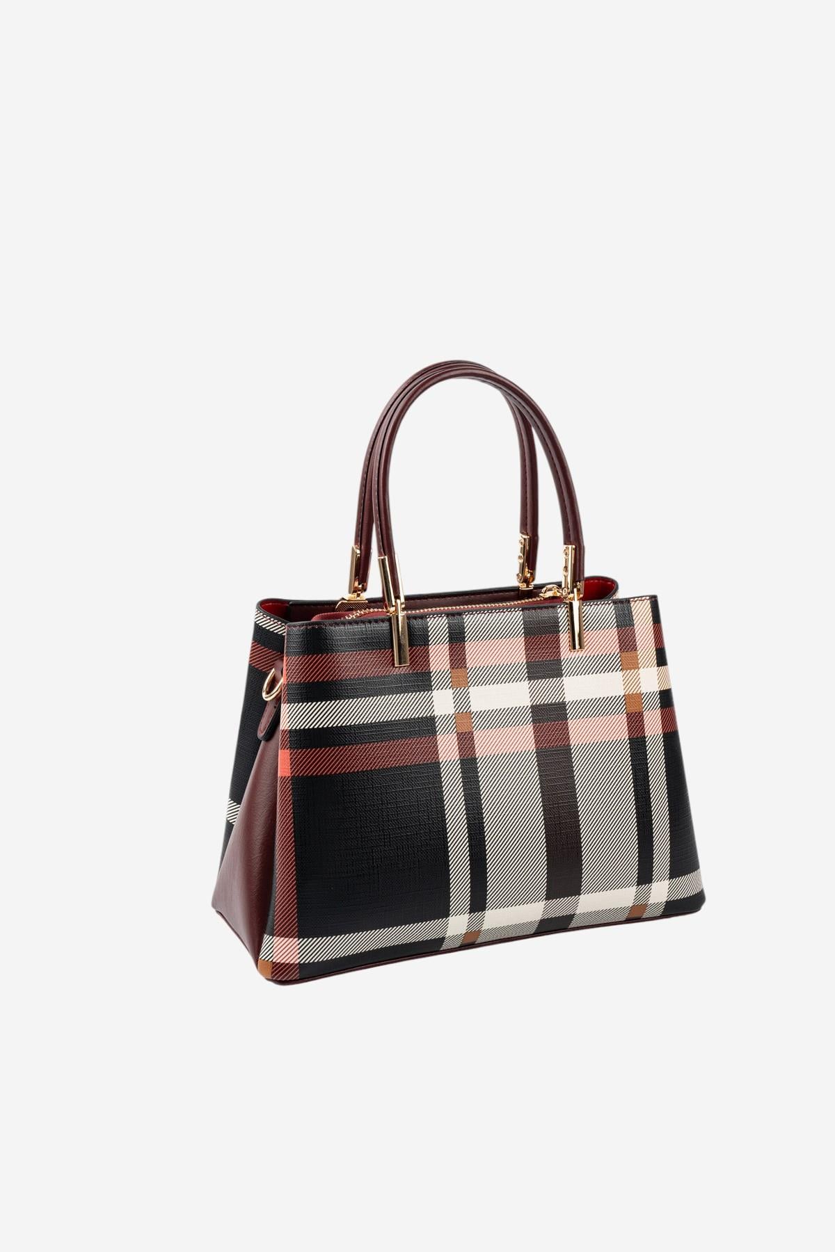 Silver Polo Siyah - Bordo Ekose Kadın El Çantası SP1098