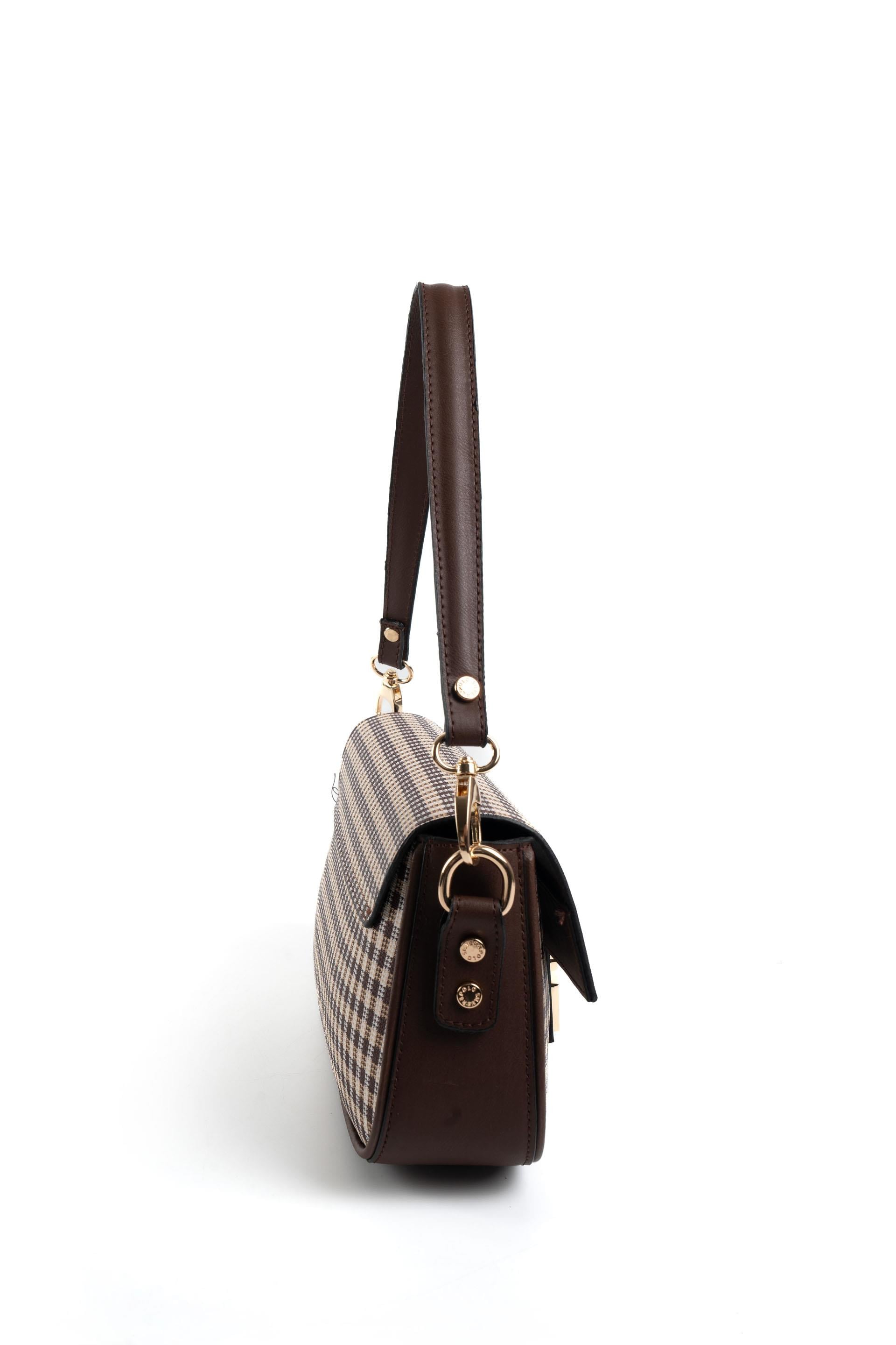 Silver Polo Kahve Sarı - Kahve Ekose Line Kare Kadın Omuz Çantası SP1179