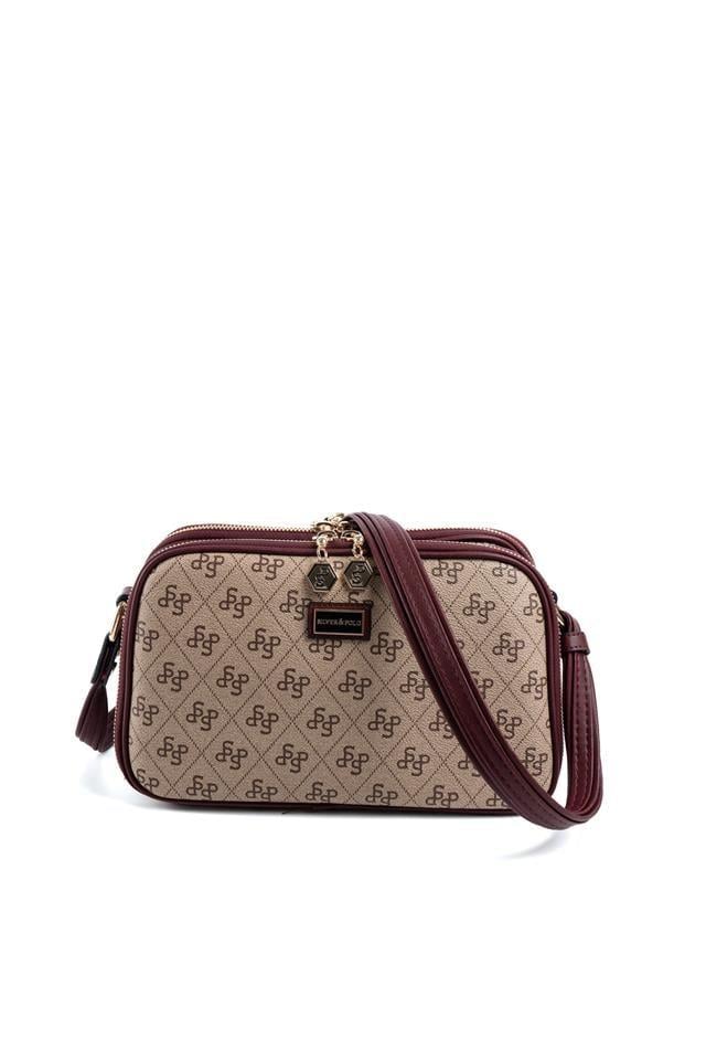 Silver Polo SP899 Kadın Çapraz Çanta Monogram Koyu Bej-Bordo